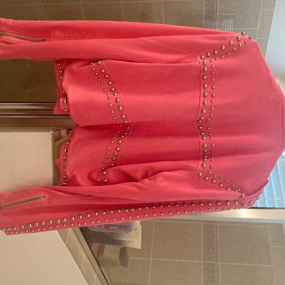 the most adorable bubble gum pink suede jacket! worn once